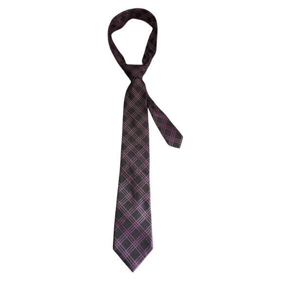 Michael Kors Men's Silk Tie Purple Grey Checkered Plaid Necktie Preppy Business - Picture 1 of 9